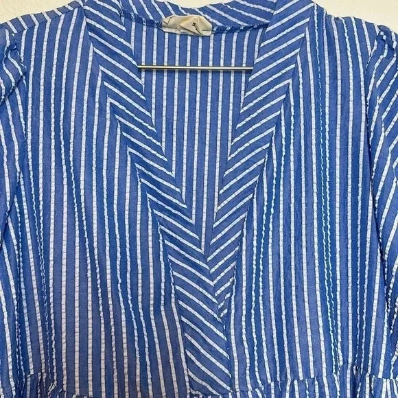 52SEVEN Blue & White Striped Coastal Seersucker Puffed Sleeve Dress Medium - Picture 4 of 10